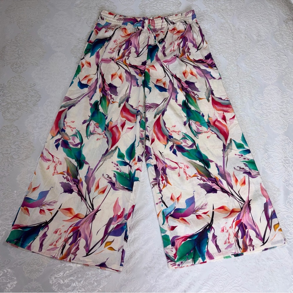 Calia Linen Blend Wide Leg Cover Up Pants Abstract Floral Print Size Large - Picture 2 of 8